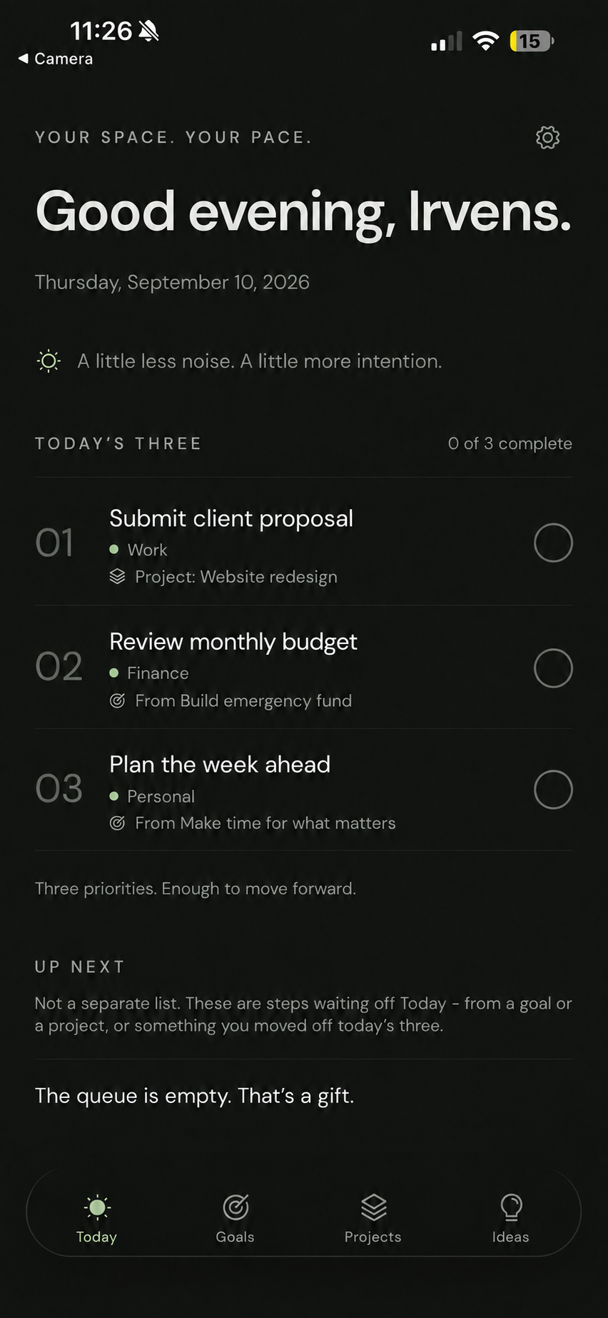 Limiqo Today screen showing three priorities: Submit client proposal from the Website redesign project, Review monthly budget, and Plan the week ahead.